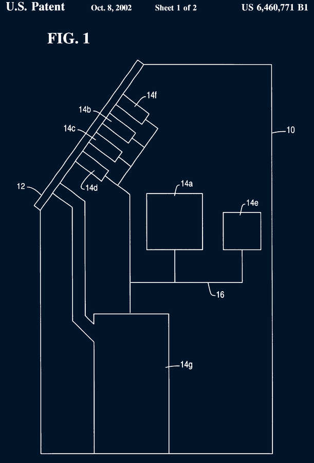 US 6,460,771 — Motorized card reader module. The foundational anti-skimming patent: move the card unevenly, and a stripe reader taped to the throat cannot decode it.