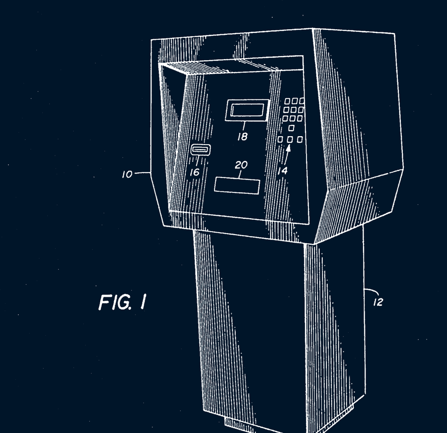 Patent drawing of the Docutel currency dispenser cabinet, 1973