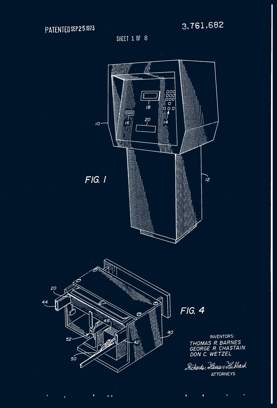 Patent figure from the Docutel automatic currency dispenser, granted 1973